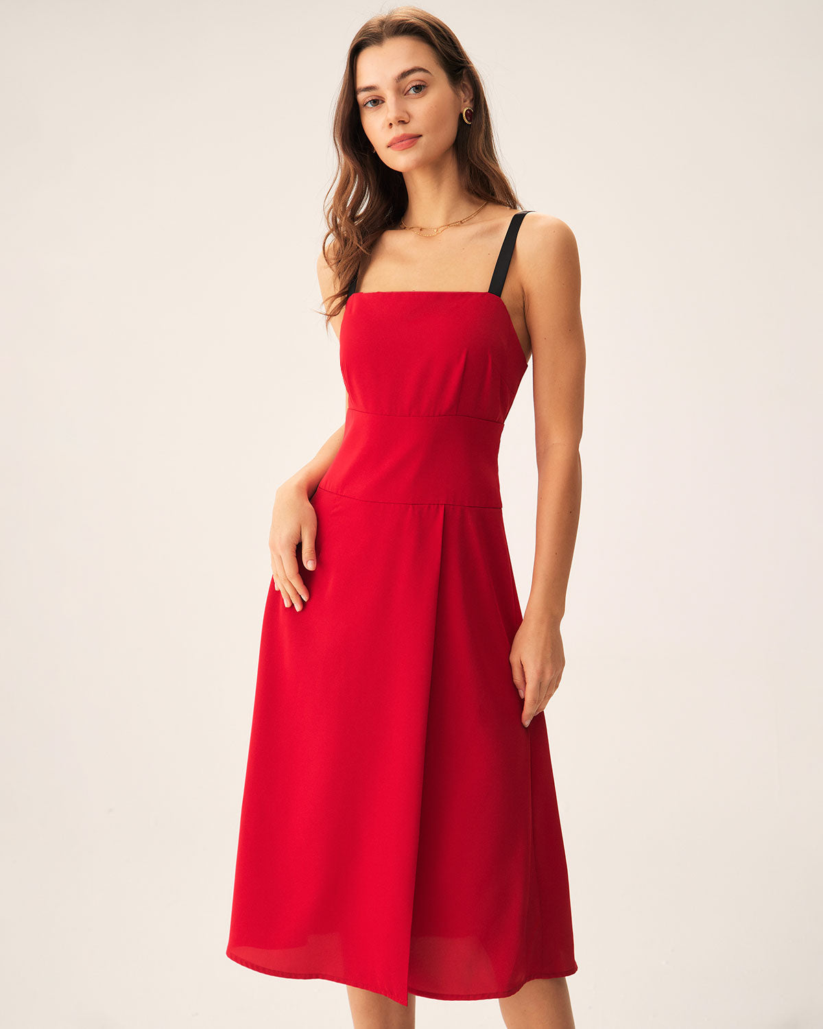 Belltoile™ Kırmızı Kontrast Yırtmaçlı Slip Midi Elbise