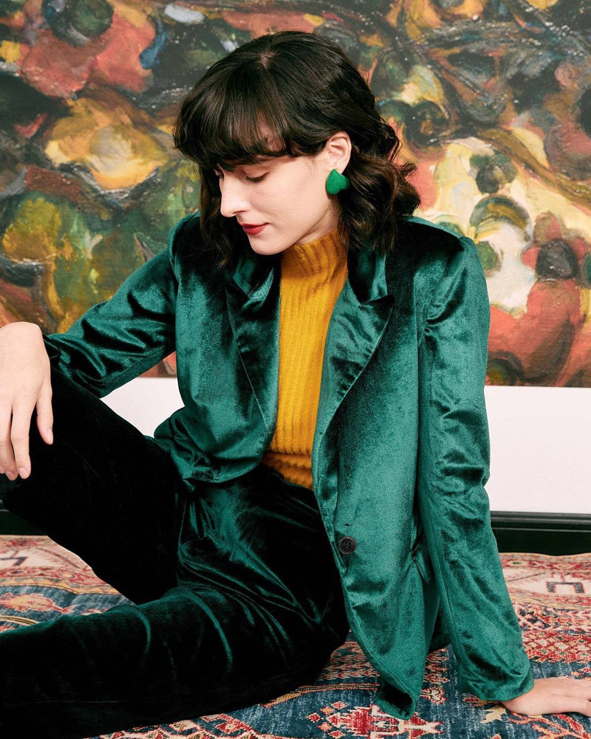 Belltoile™ Günlük Tek Düğme Yeşil Kadife Blazer