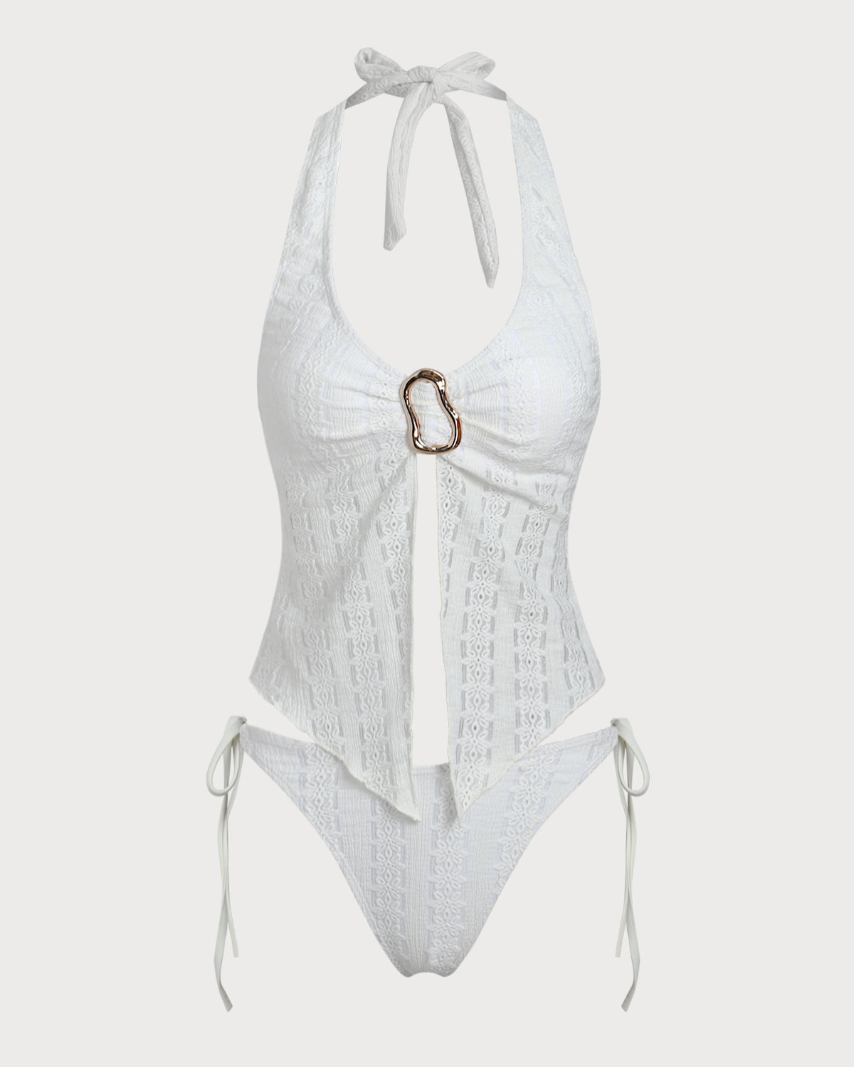Belltoile™ Beyaz Örme Düzensiz Metal Yırtmaçlı Tankini Mayo