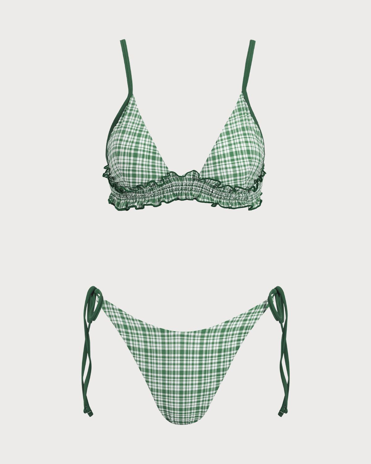 Belltoile™ Yeşil Kontrast Ekose Kırışık Bikini Takımı