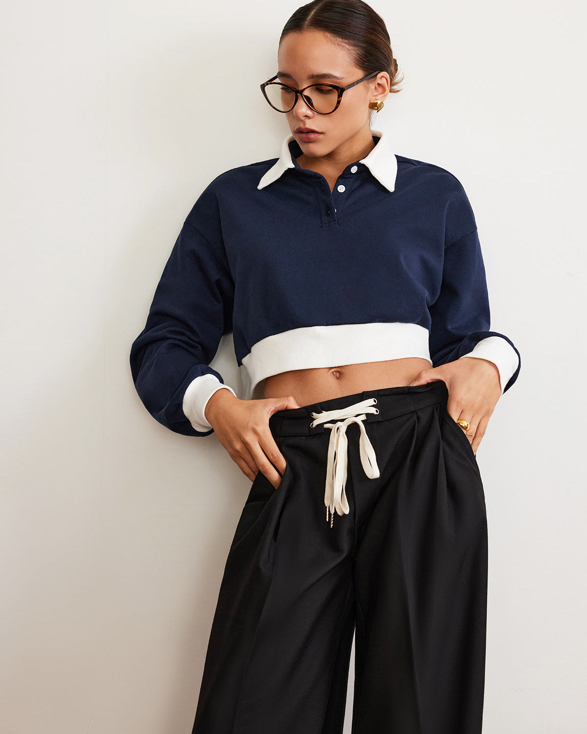 Yamalı Polo Crop Sweatshirt