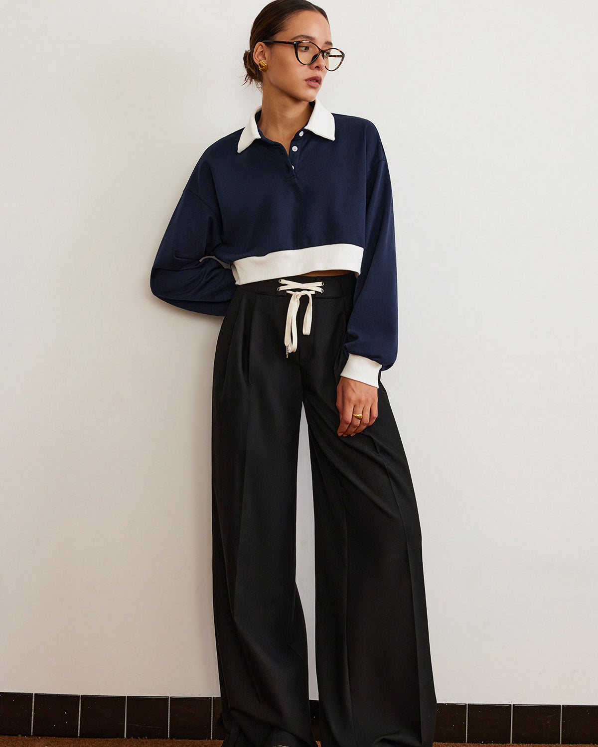 Yamalı Polo Crop Sweatshirt