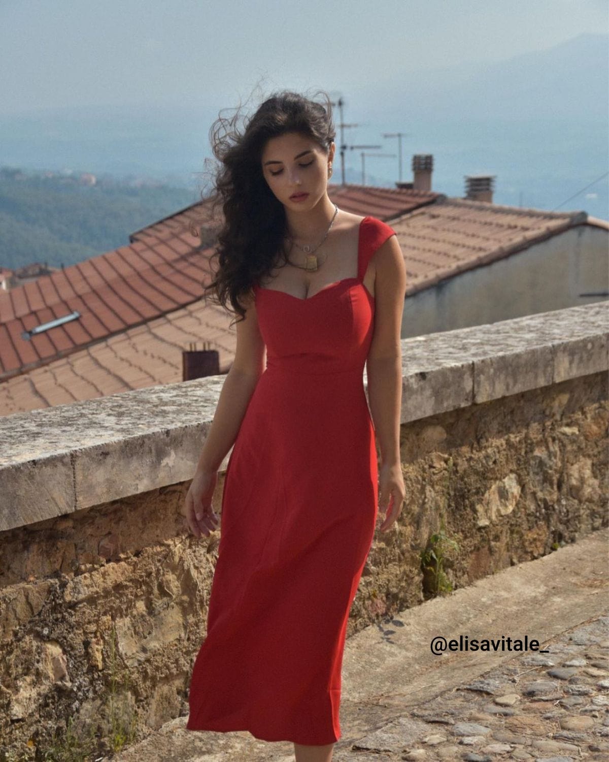 Belltoile Kırmızı Kalp Yaka Kap Kol Midi Elbise