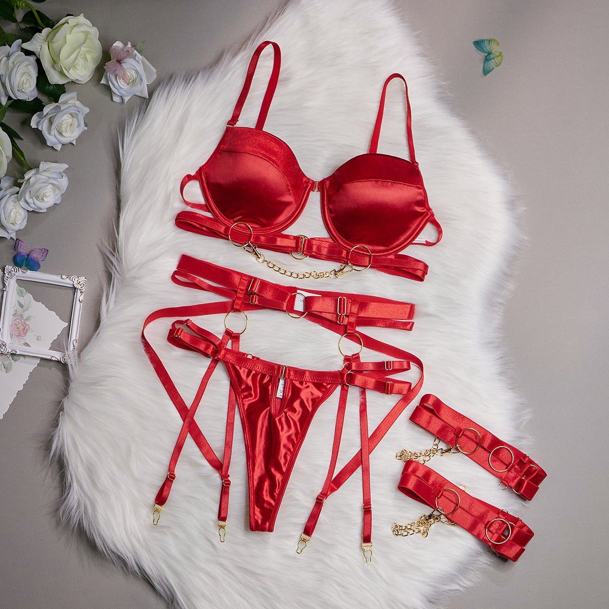 Belltoile™ 4 Parça Lingerie Takımı + Bacak Halkaları / INTIME - Kırmızı