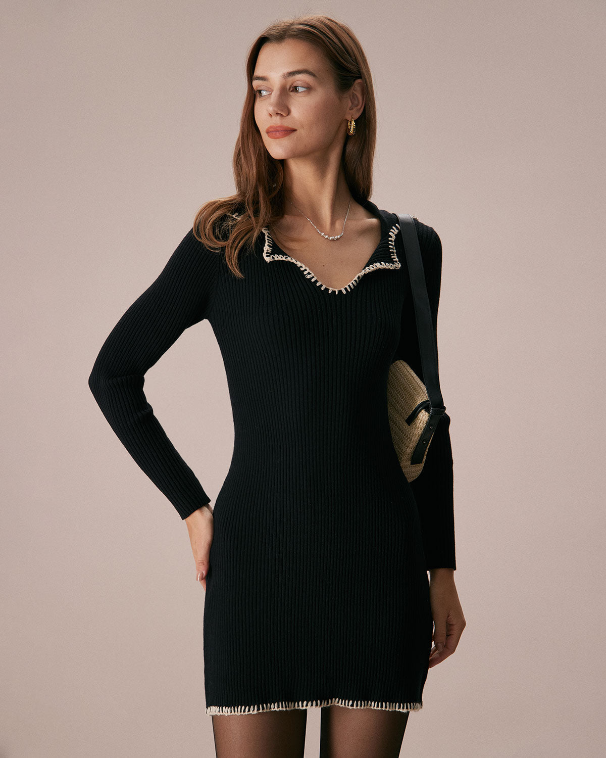 Belltoile™ Siyah Kontrast Dikişli Triko Mini Elbise