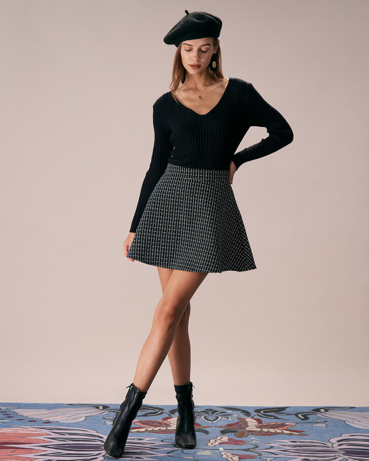 Belltoile™ Siyah Yüksek Bel Ekose Tüvit Mini Etek