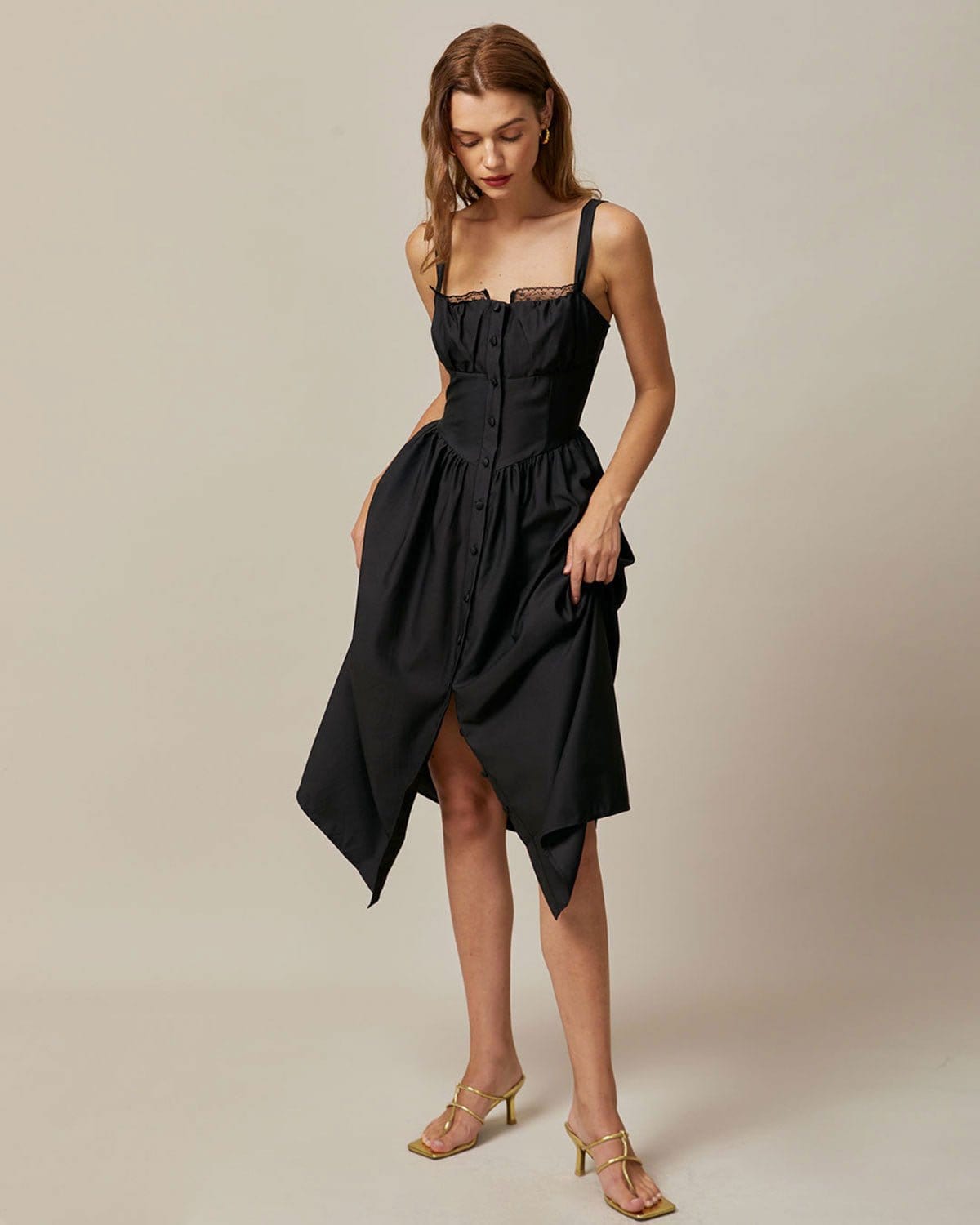 Belltoile Siyah Kare Yaka Dantelli Cami Midi Elbise