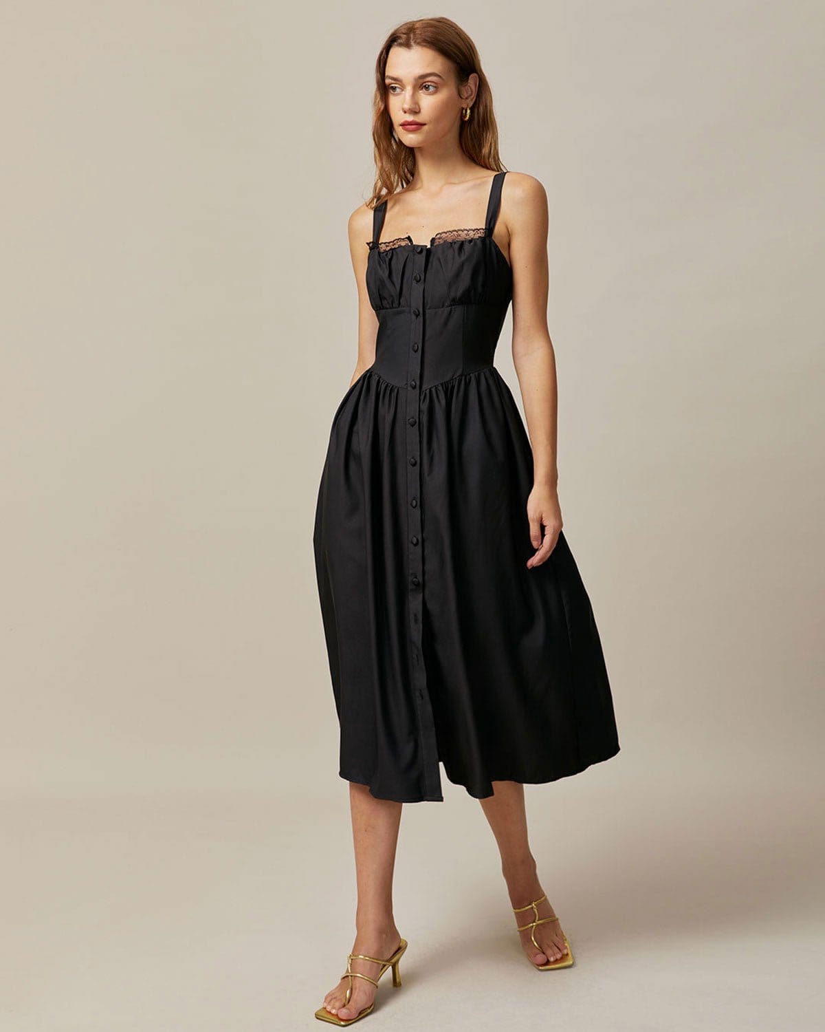 Belltoile Siyah Kare Yaka Dantelli Cami Midi Elbise