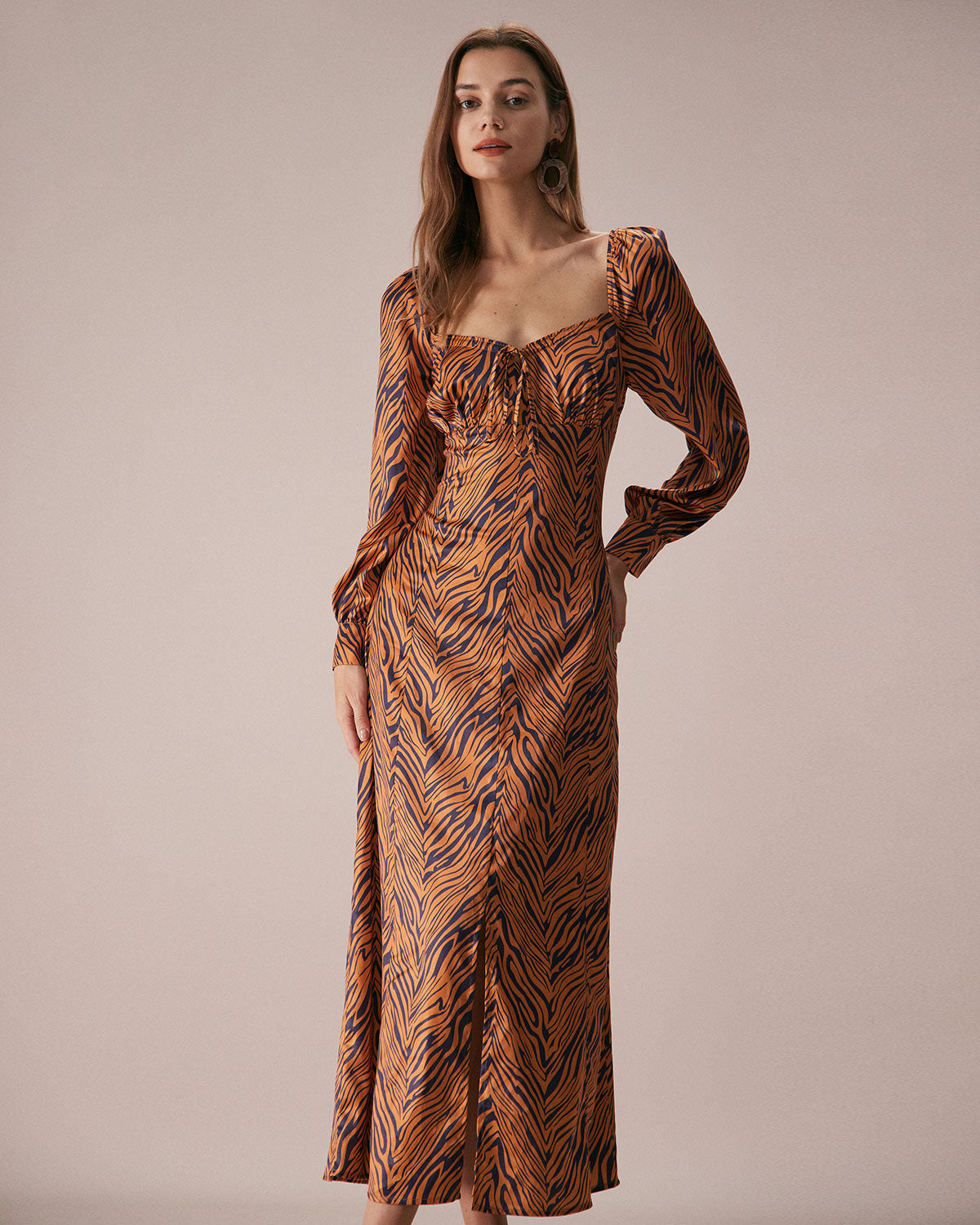 Belltoile™ Kahverengi Kalp Yaka Zebra Maxi Elbise