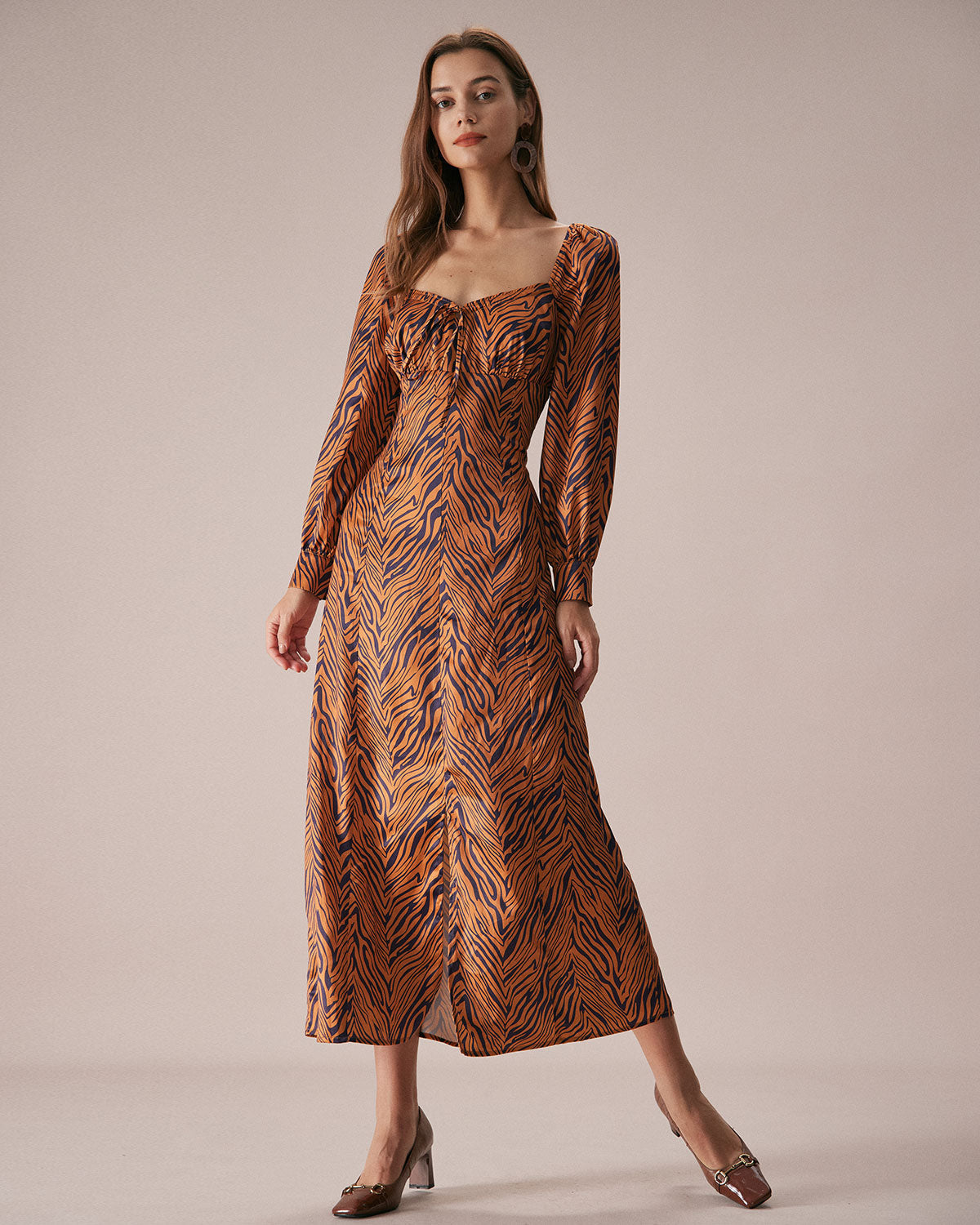Belltoile™ Kahverengi Kalp Yaka Zebra Maxi Elbise