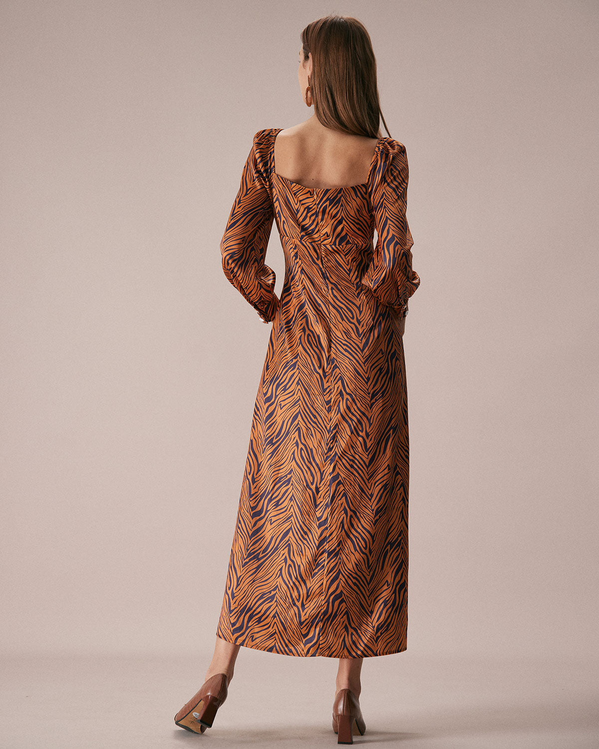 Belltoile™ Kahverengi Kalp Yaka Zebra Maxi Elbise