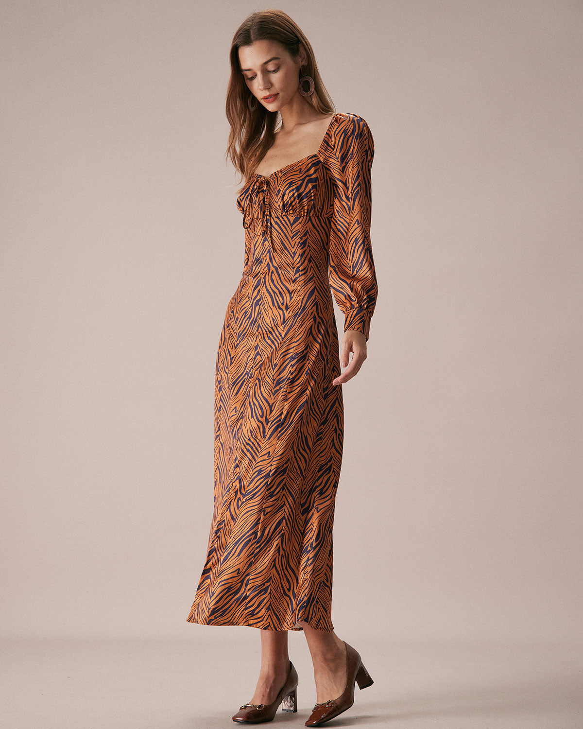 Belltoile™ Kahverengi Kalp Yaka Zebra Maxi Elbise