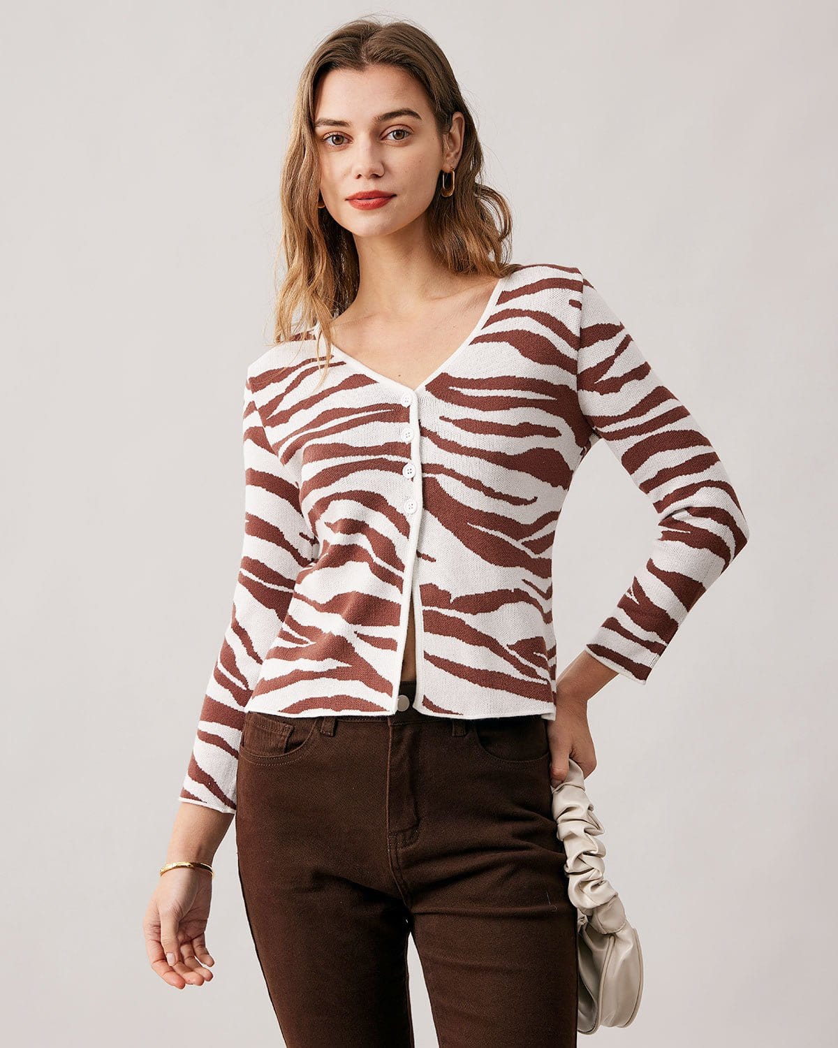 Belltoile™ Kahve V Yaka Zebra Örgü Hırka