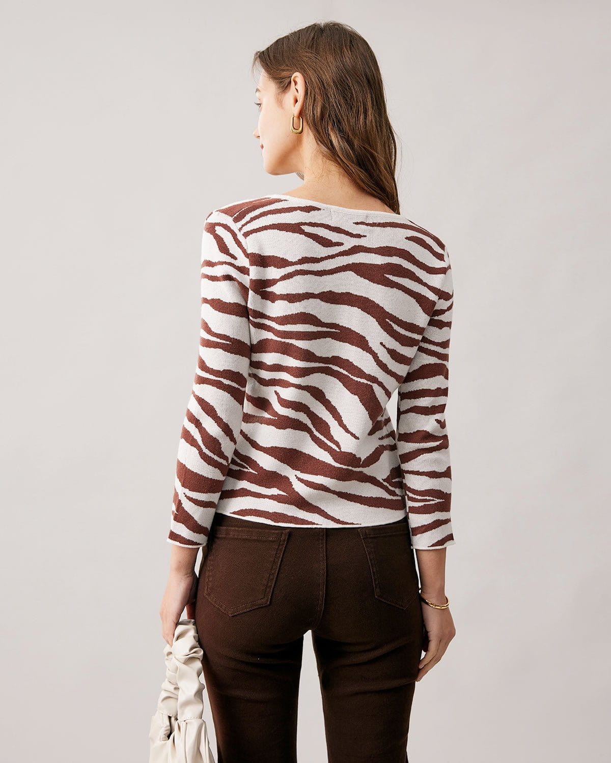 Belltoile™ Kahve V Yaka Zebra Örgü Hırka