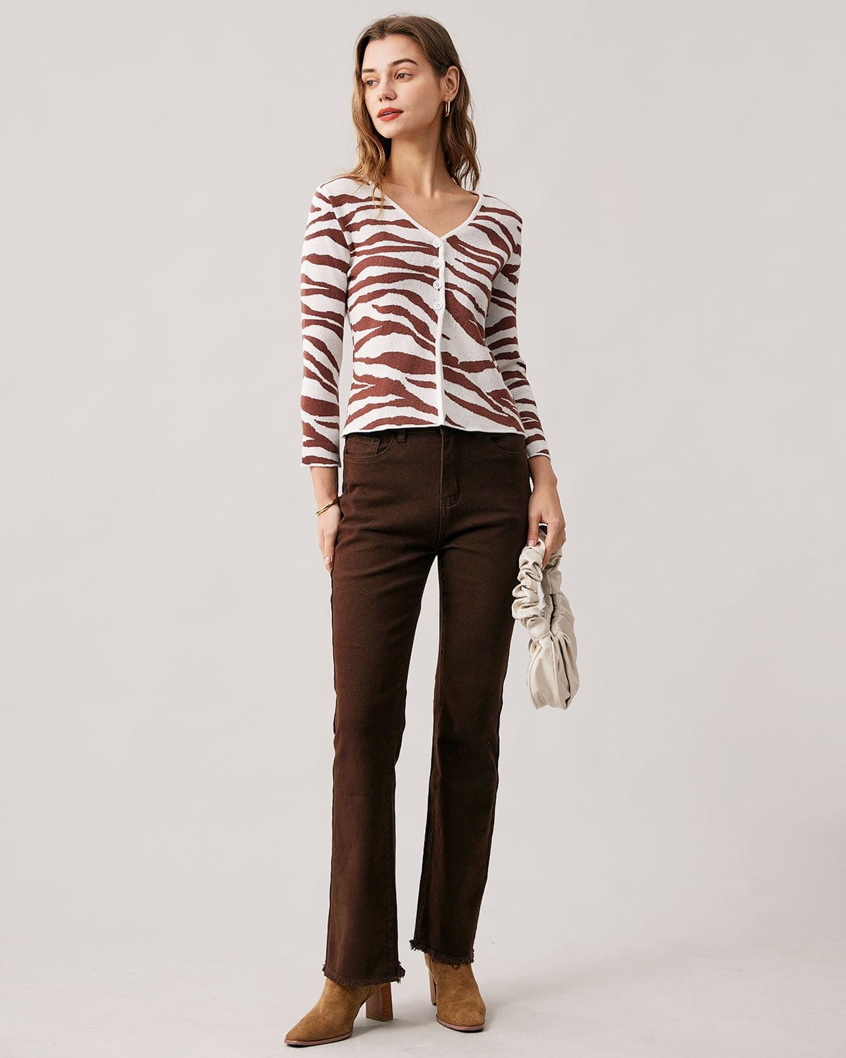 Belltoile™ Kahve V Yaka Zebra Örgü Hırka