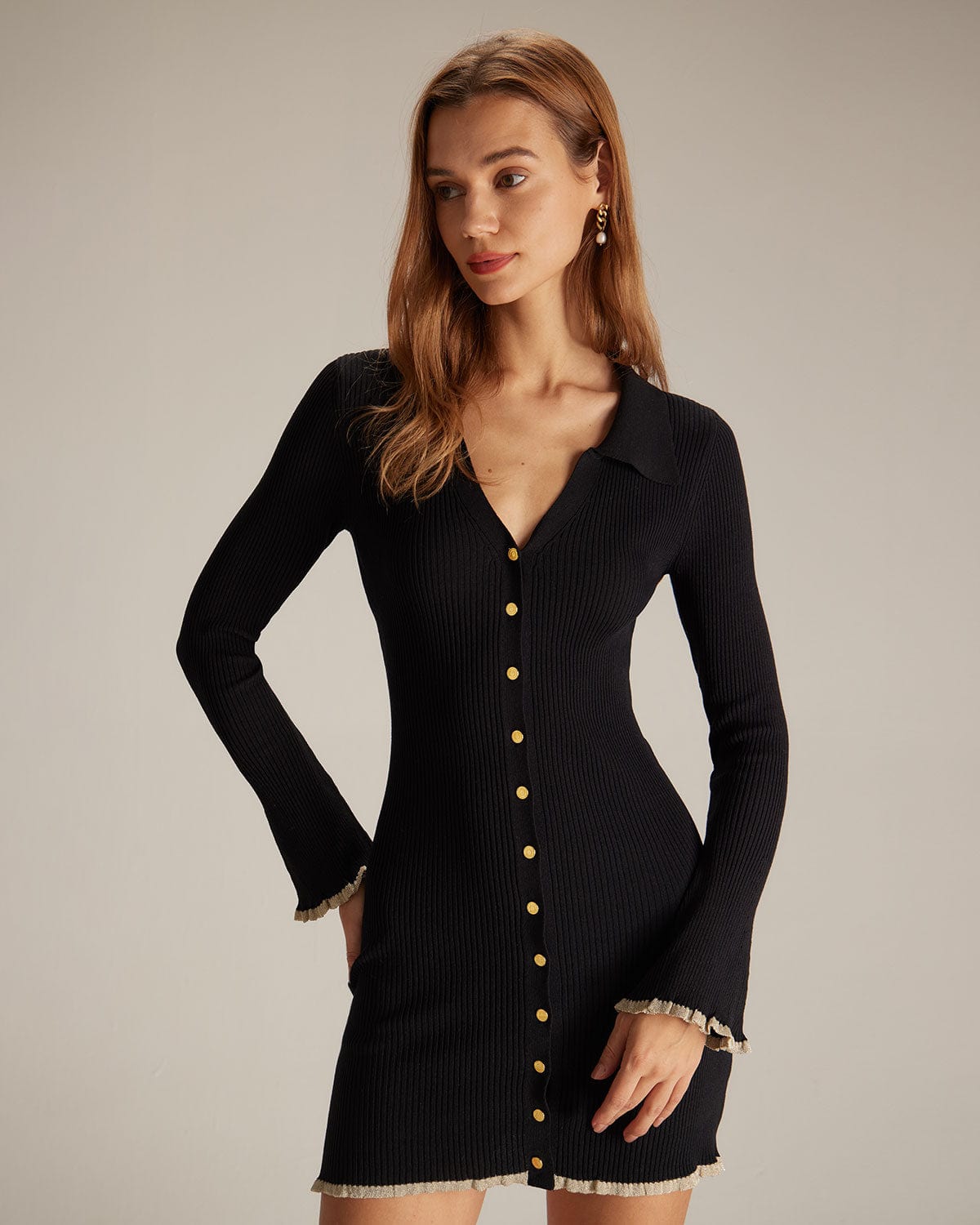 Belltoile™ Siyah V Yaka Kontrast Detaylı Triko Mini Elbise