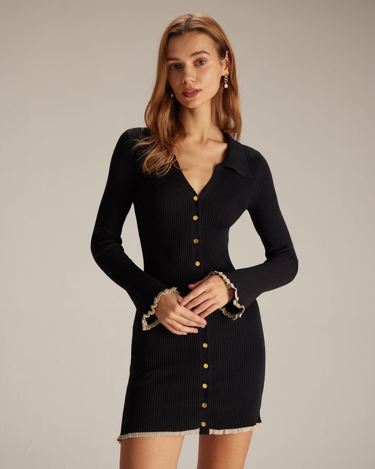 Belltoile™ Siyah V Yaka Kontrast Detaylı Triko Mini Elbise