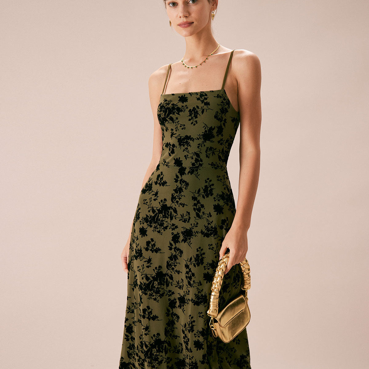 Belltoile Yeşil Çiçekli Burnout A-Line Slip Midi Elbise
