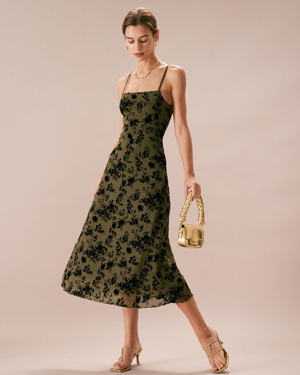 Belltoile Yeşil Çiçekli Burnout A-Line Slip Midi Elbise