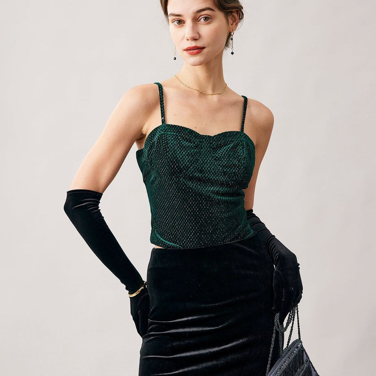 Belltoile™ Yeşil Kalp Yaka Kadife Crop Cami Üst