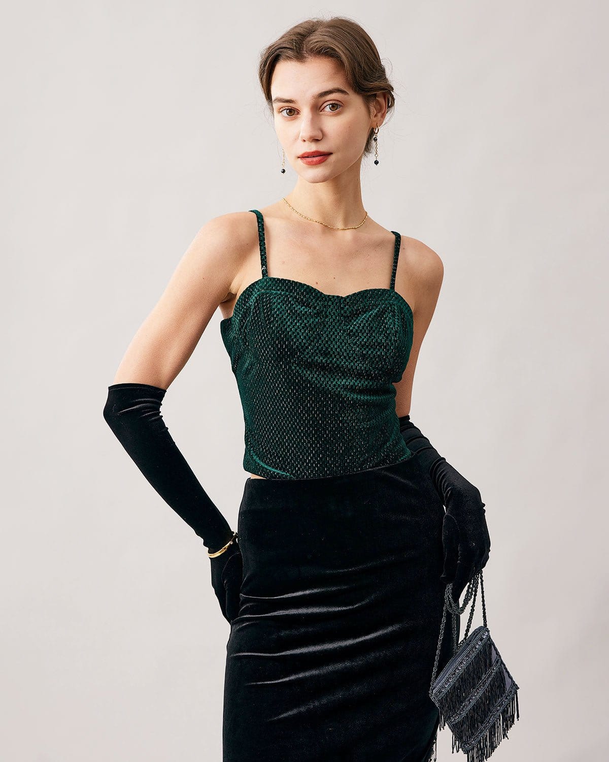 Belltoile™ Yeşil Kalp Yaka Kadife Crop Cami Üst