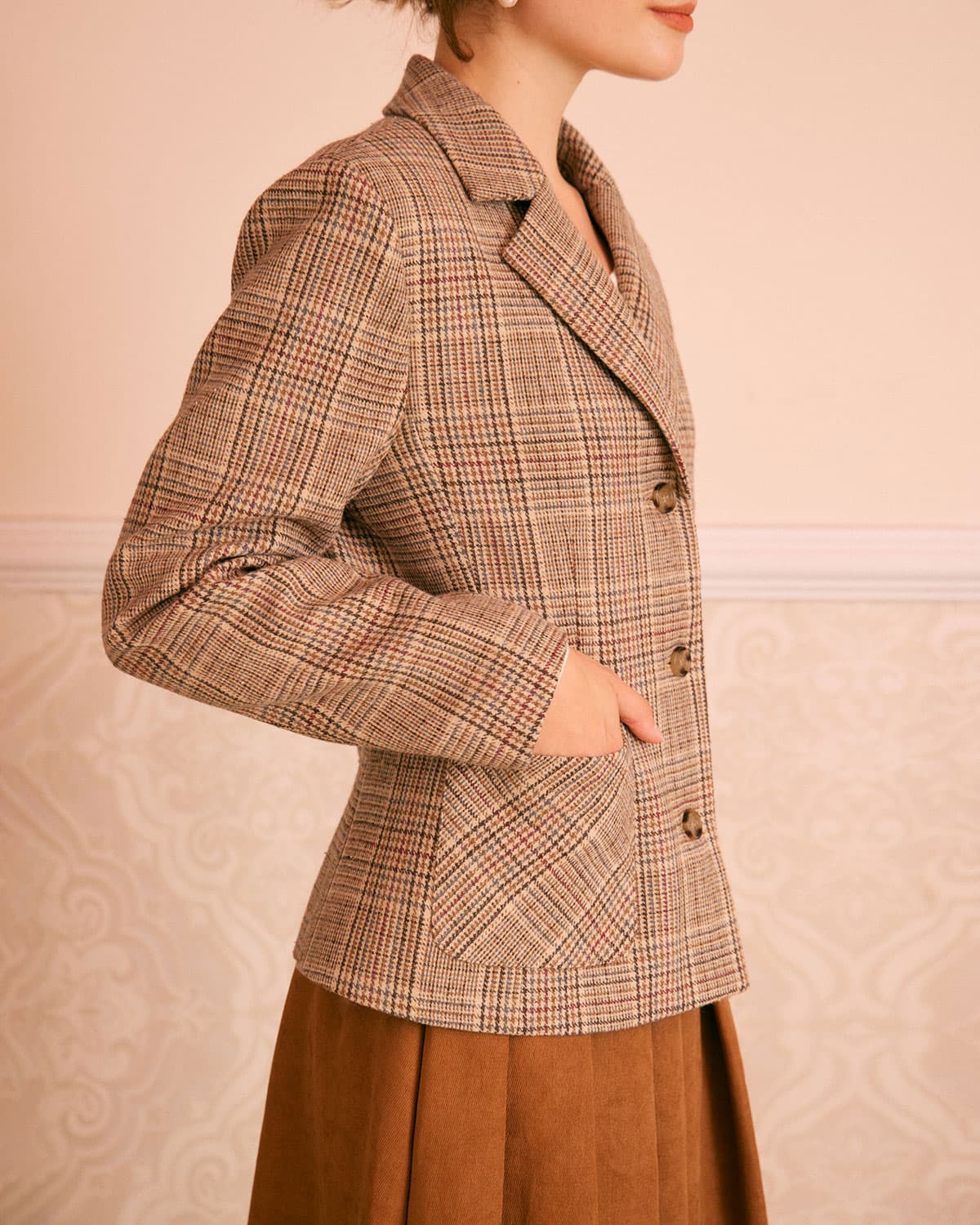 Belltoile™ Haki Yaka Ekose Tek Sıra Düğmeli Blazer