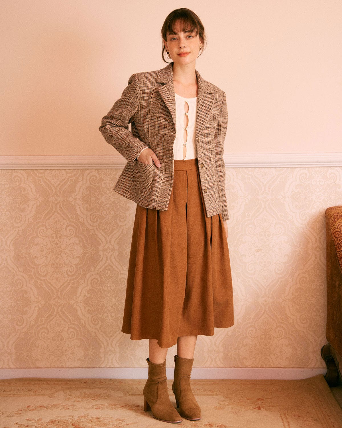 Belltoile™ Haki Yaka Ekose Tek Sıra Düğmeli Blazer