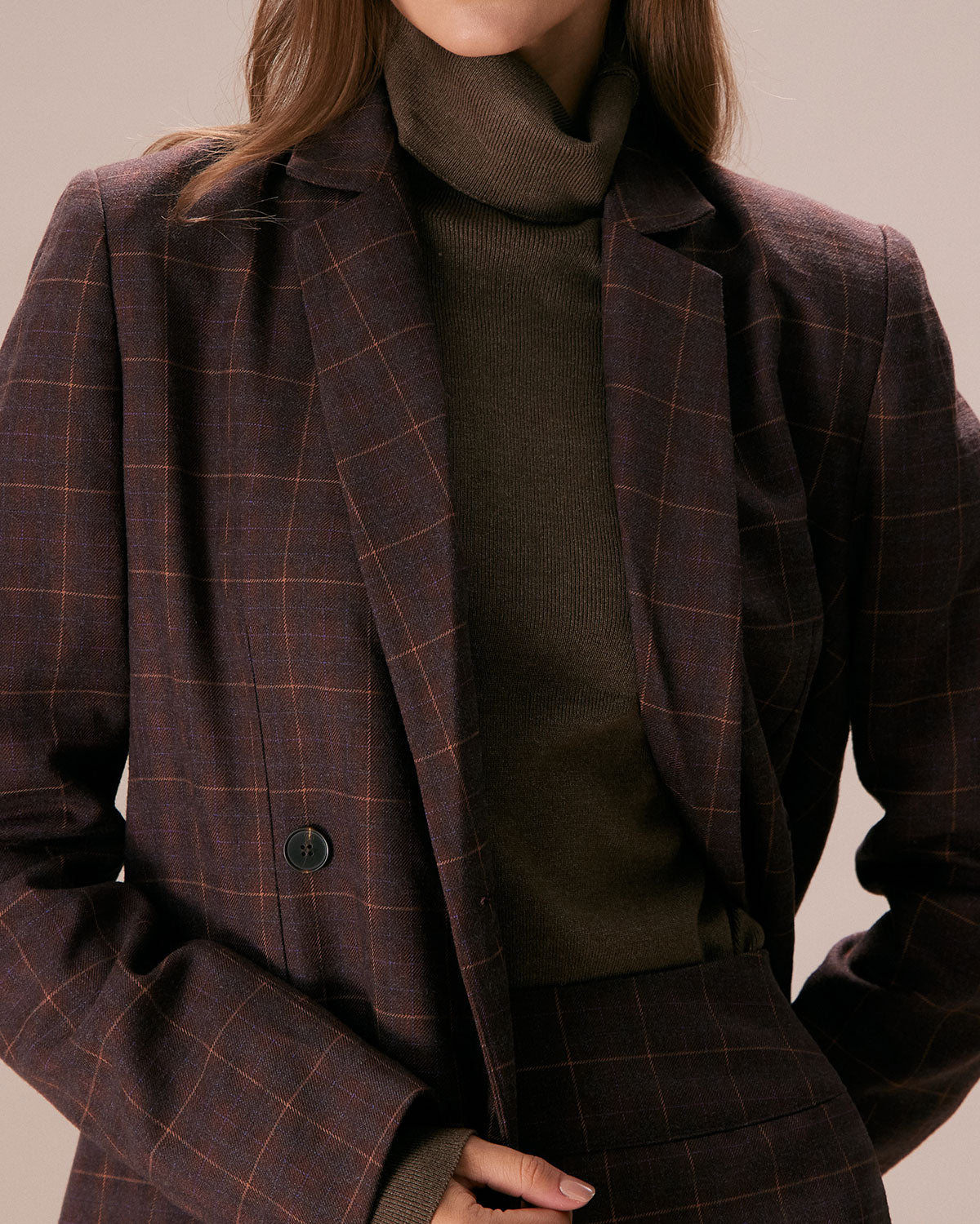 Belltoile™ Kahve Yaka Kruvaze Ekose Blazer