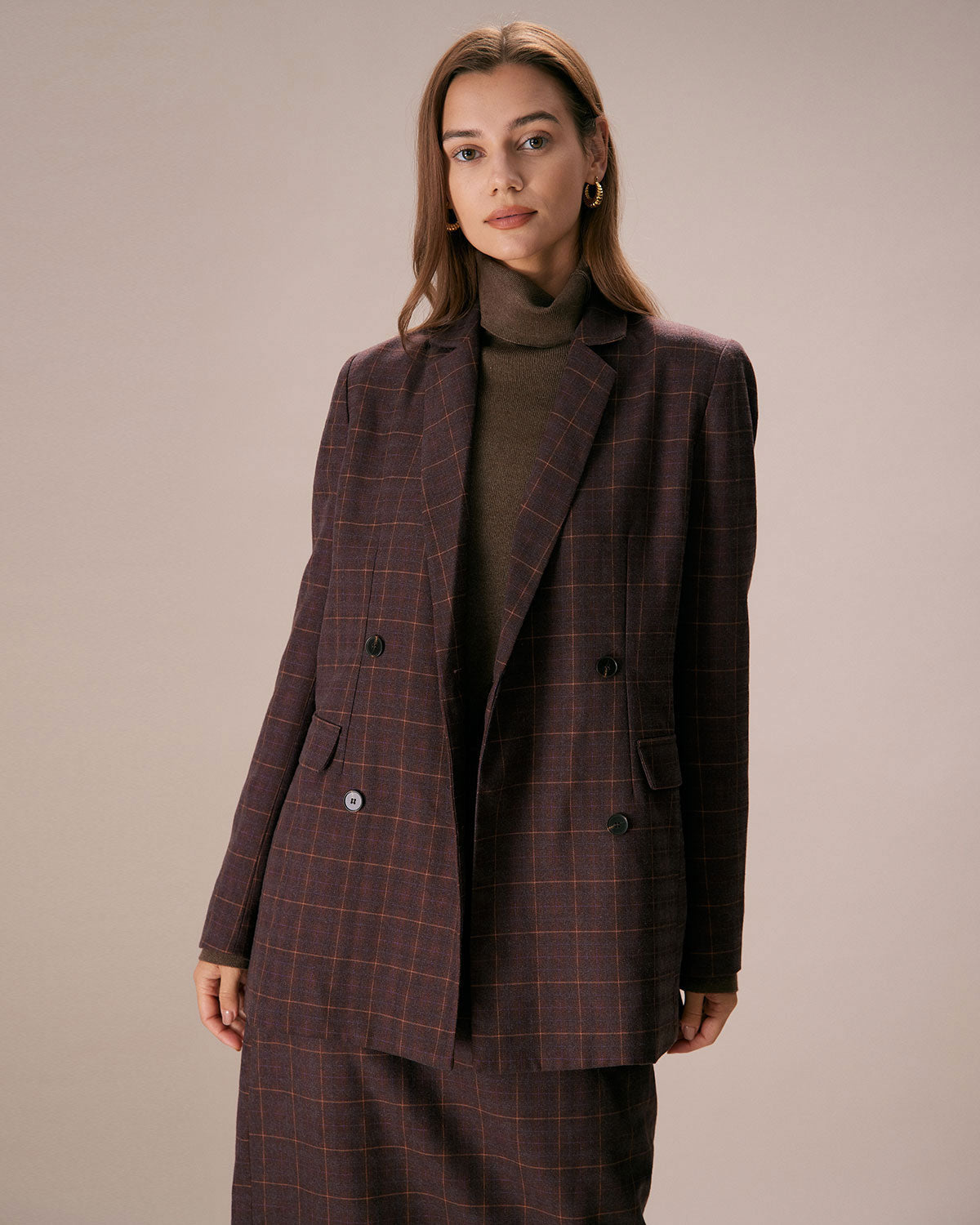 Belltoile™ Kahve Yaka Kruvaze Ekose Blazer