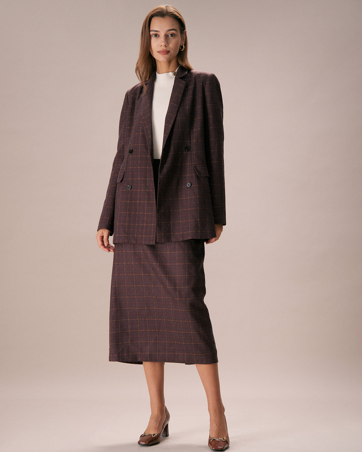 Belltoile™ Kahve Yaka Kruvaze Ekose Blazer