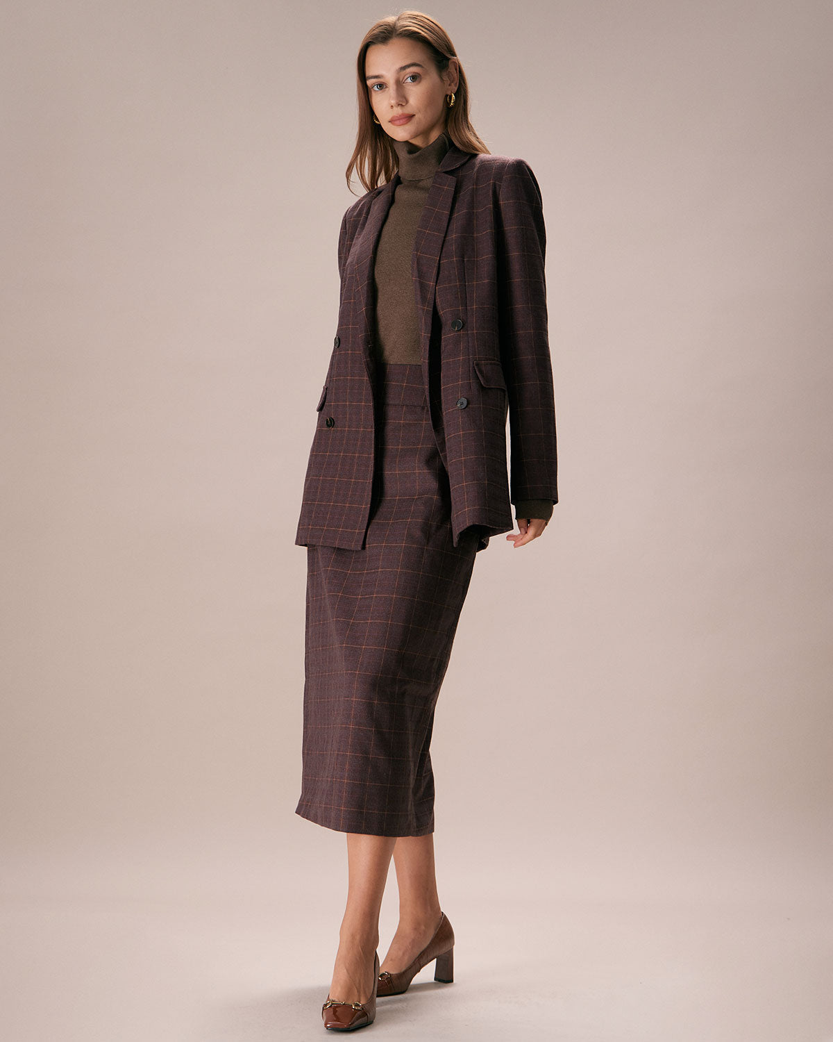 Belltoile™ Kahve Yaka Kruvaze Ekose Blazer