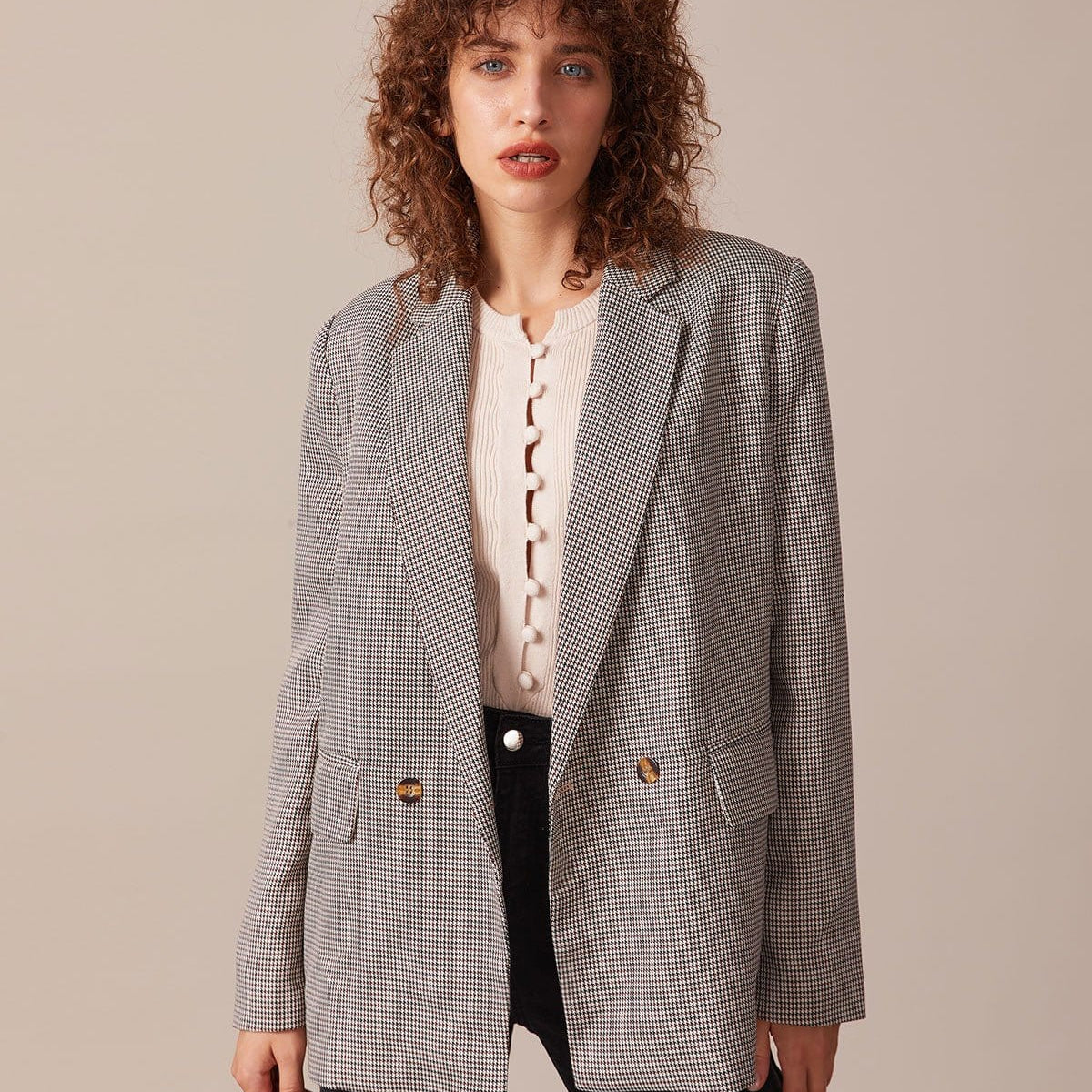 Belltoile™ Kahve Yaka Kazayağı Düğmeli Blazer