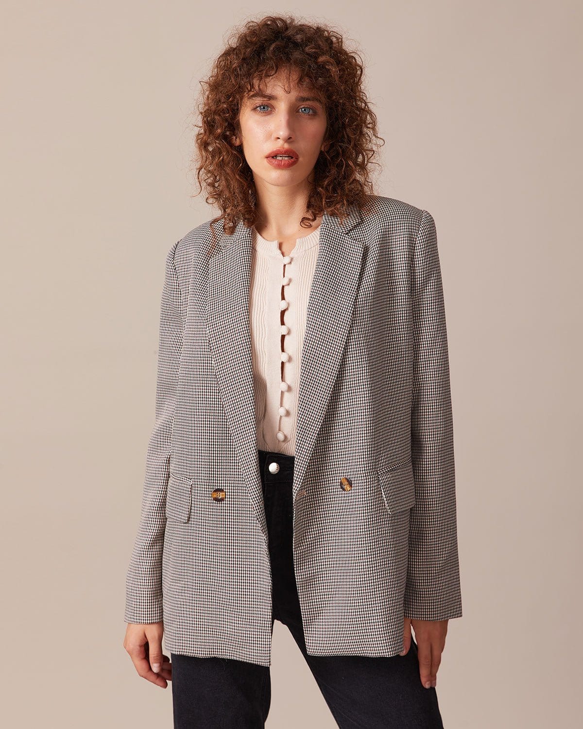 Belltoile™ Kahve Yaka Kazayağı Düğmeli Blazer