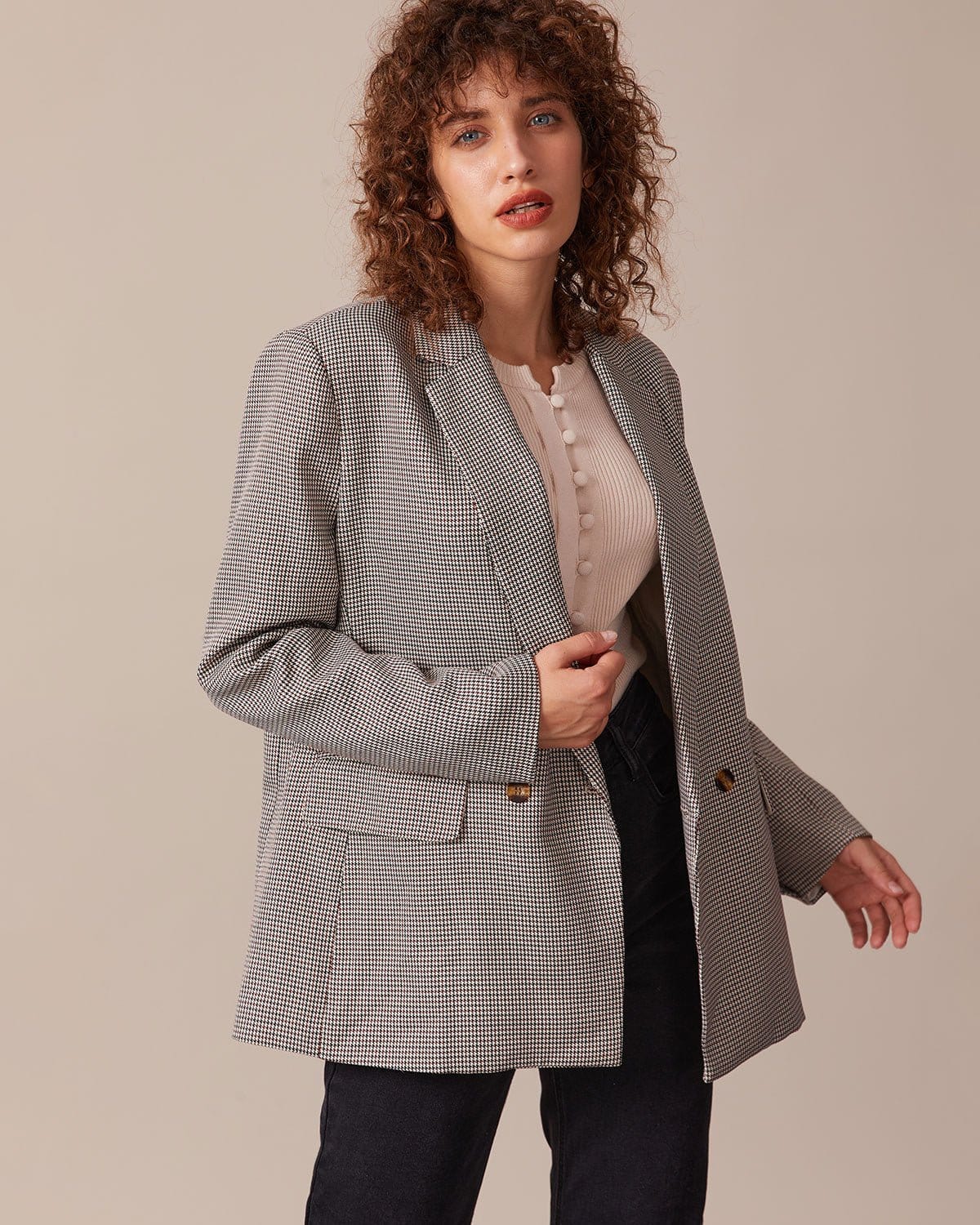 Belltoile™ Kahve Yaka Kazayağı Düğmeli Blazer