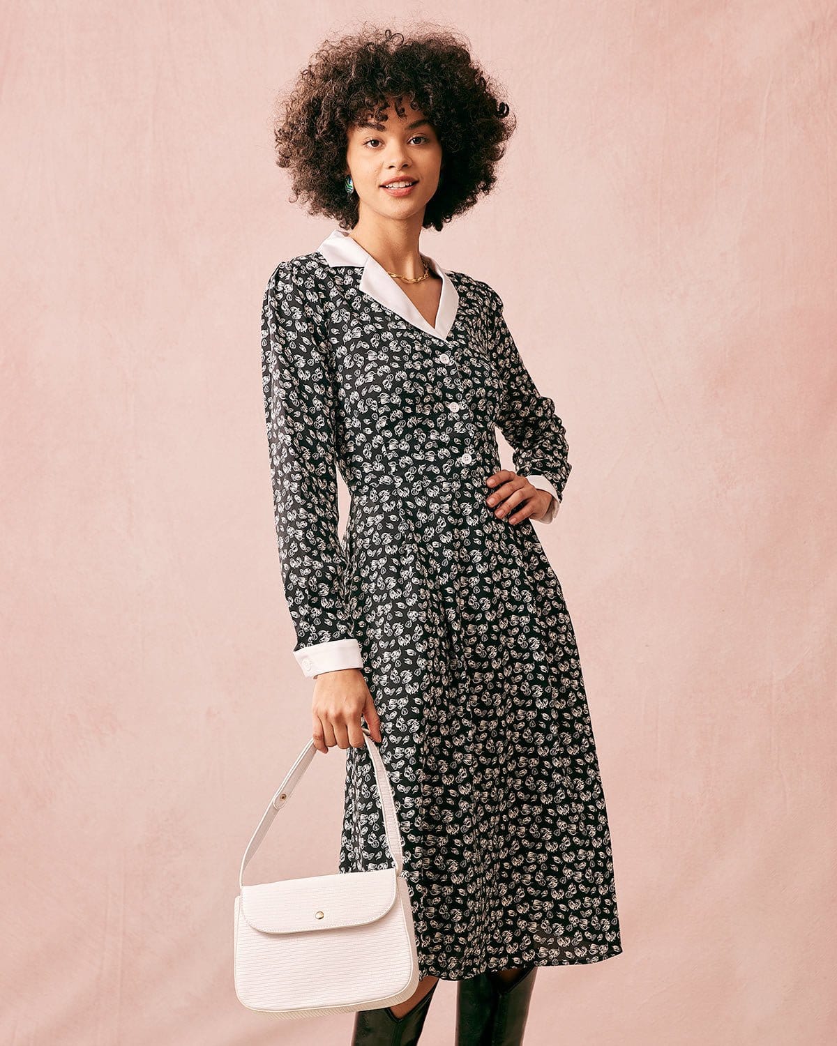 Belltoile™ Yakalı Patchwork Uzun Kollu Midi Elbise