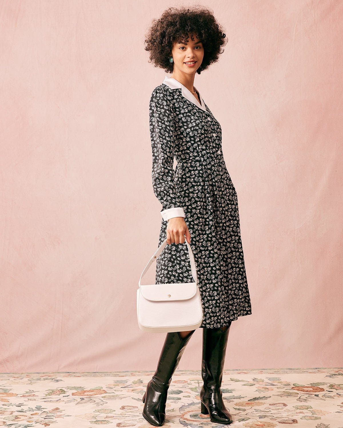 Belltoile™ Yakalı Patchwork Uzun Kollu Midi Elbise