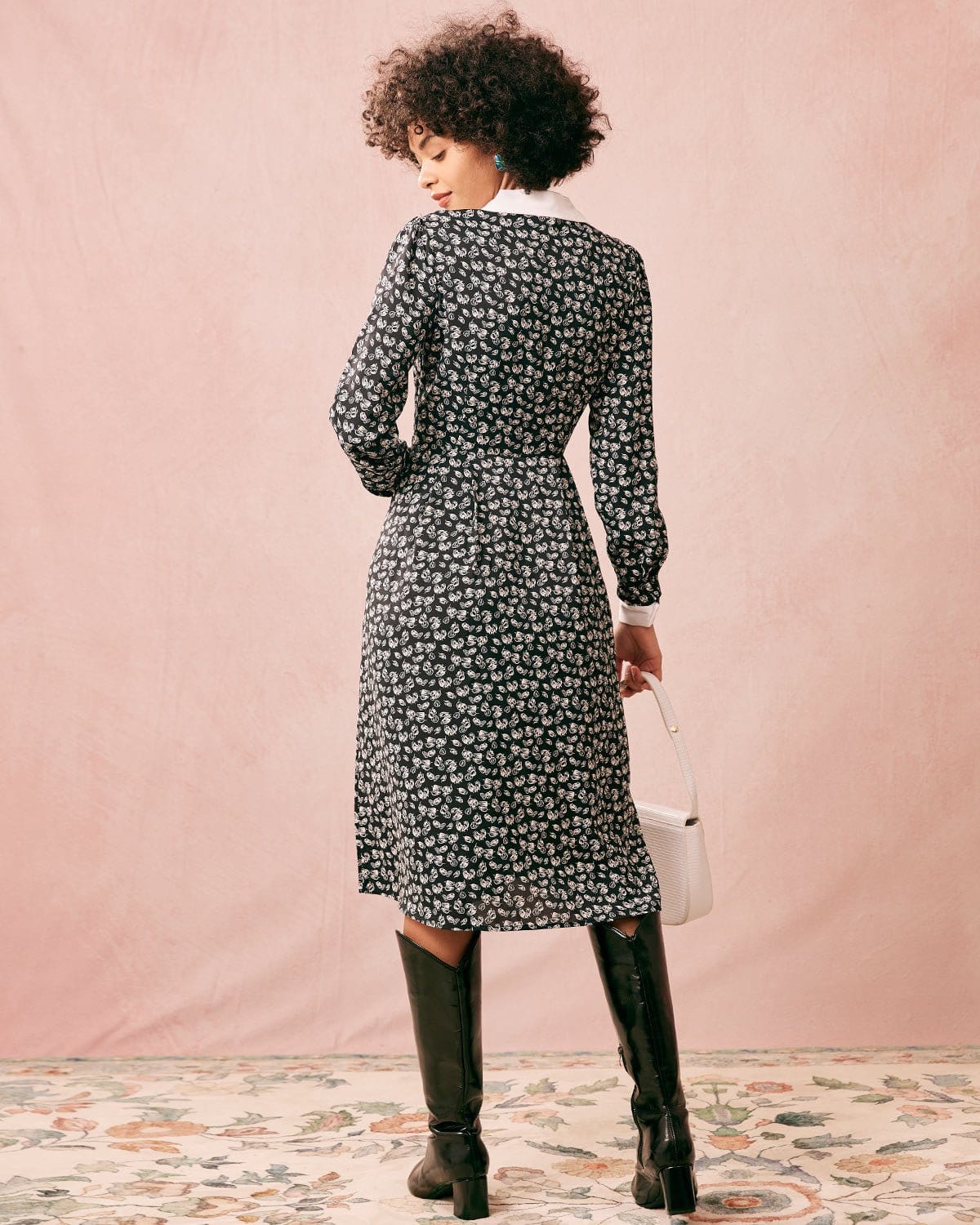 Belltoile™ Yakalı Patchwork Uzun Kollu Midi Elbise