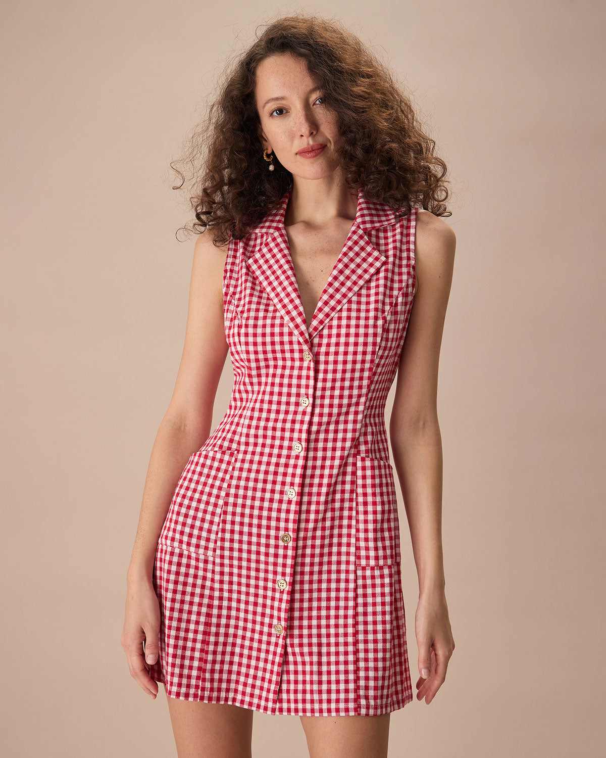 Belltoile™ Yaka Ekose Kolsuz Pamuk Cep Mini Elbise