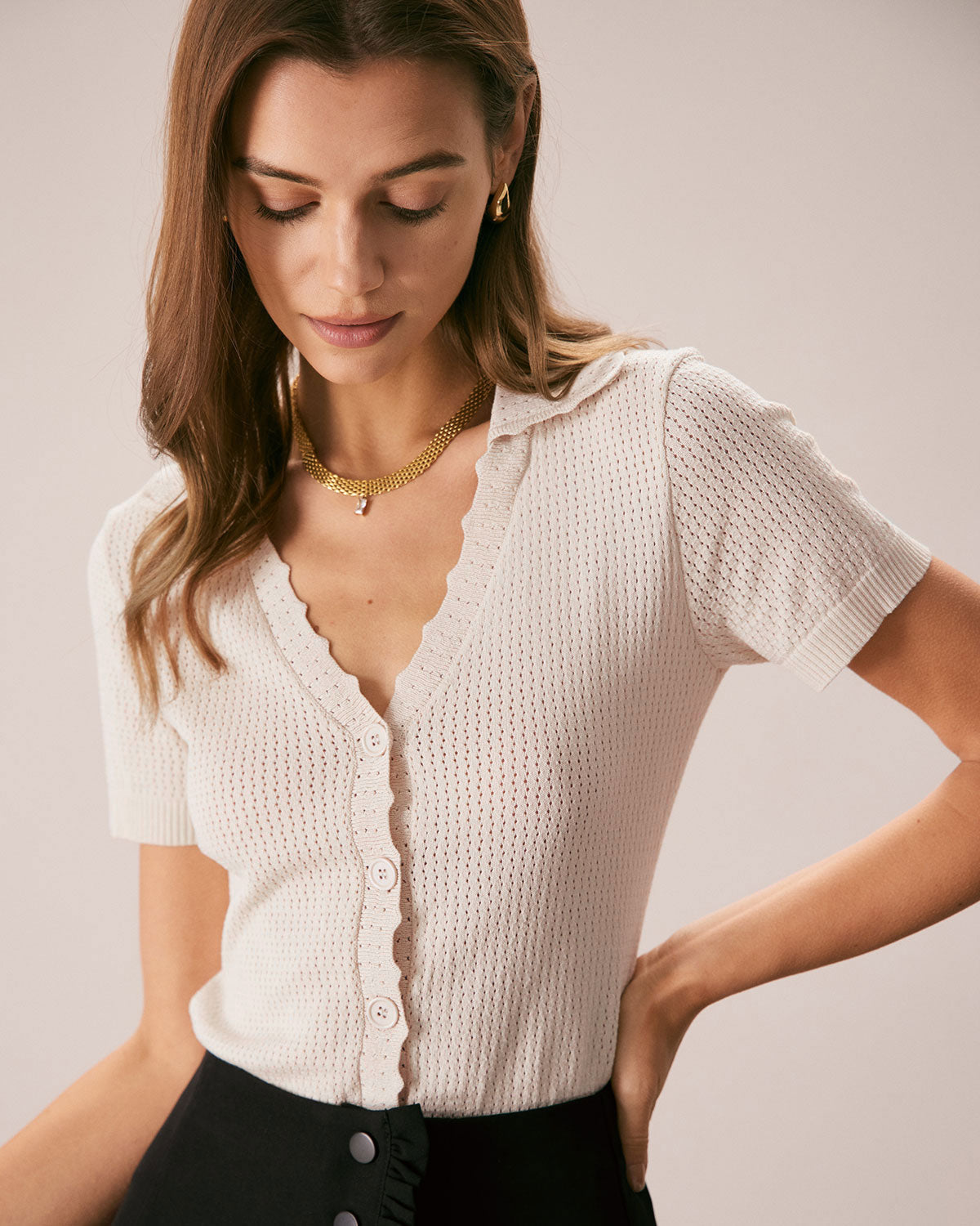 Belltoile™ Ten Rengi V Yaka Düğmeli Pointelle Örgü Tişört