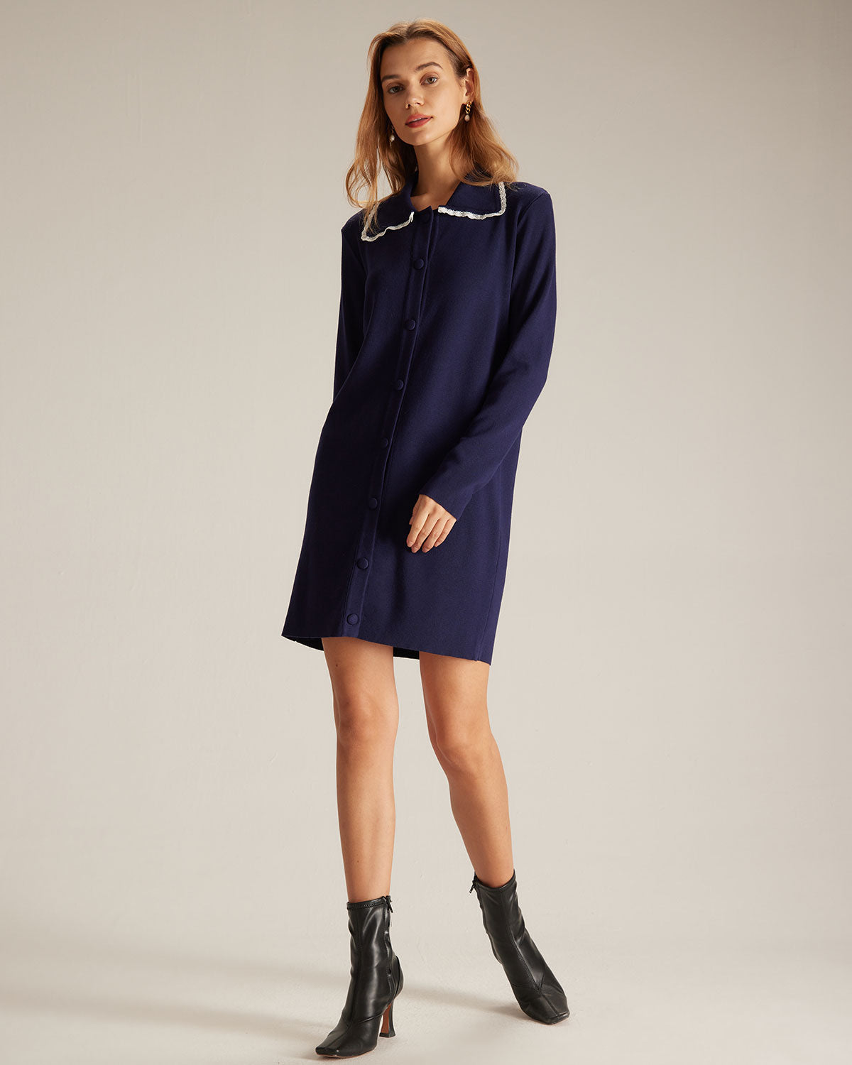 Belltoile™ Lacivert Peter Pan Yaka Kazak Mini Elbise