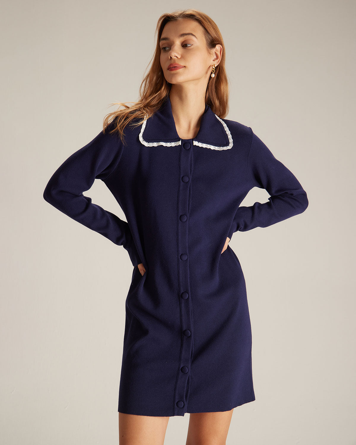 Belltoile™ Lacivert Peter Pan Yaka Kazak Mini Elbise