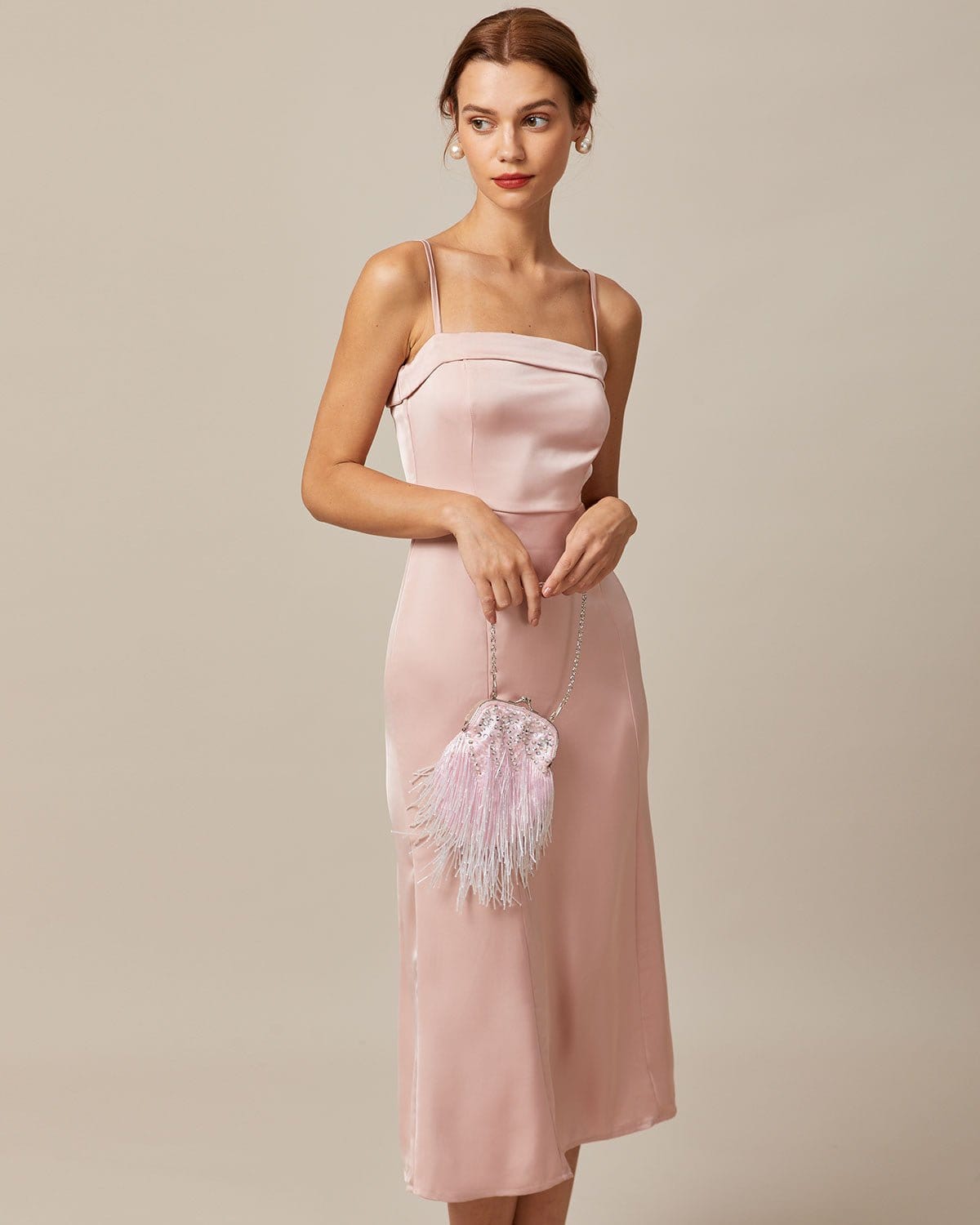Belltoile Pembe Bodycon Saten Cami Midi Elbise