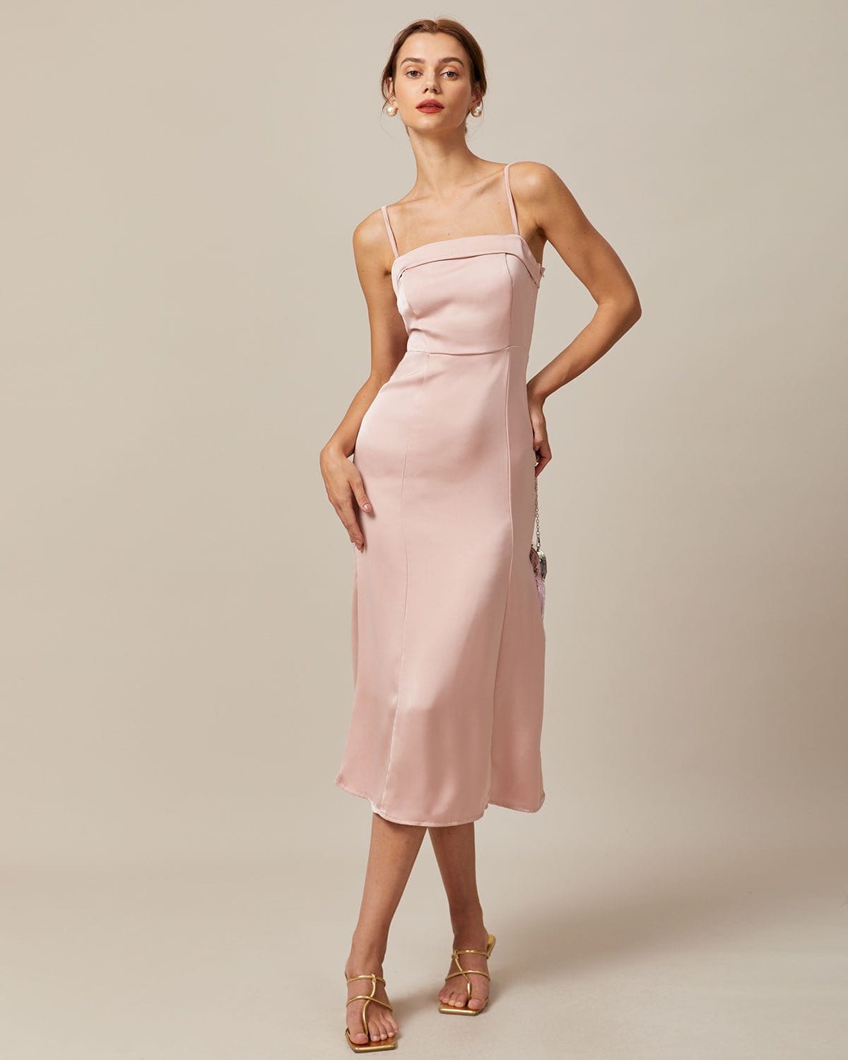 Belltoile Pembe Bodycon Saten Cami Midi Elbise