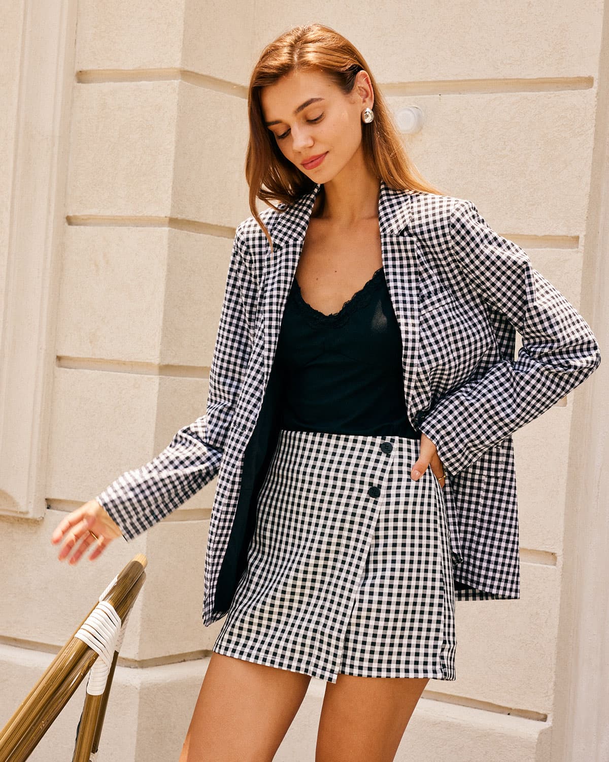 Belltoile™ Siyah Yaka Ekose Tek Sıra Düğmeli Blazer