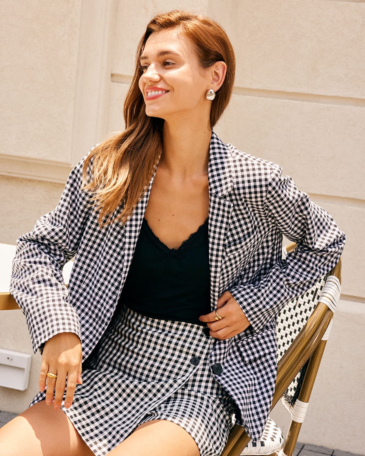 Belltoile™ Siyah Yaka Ekose Tek Sıra Düğmeli Blazer