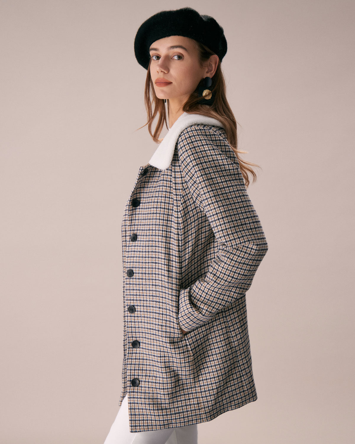 Belltoile™ Haki Yaka Tek Sıra Düğmeli Ekose Blazer