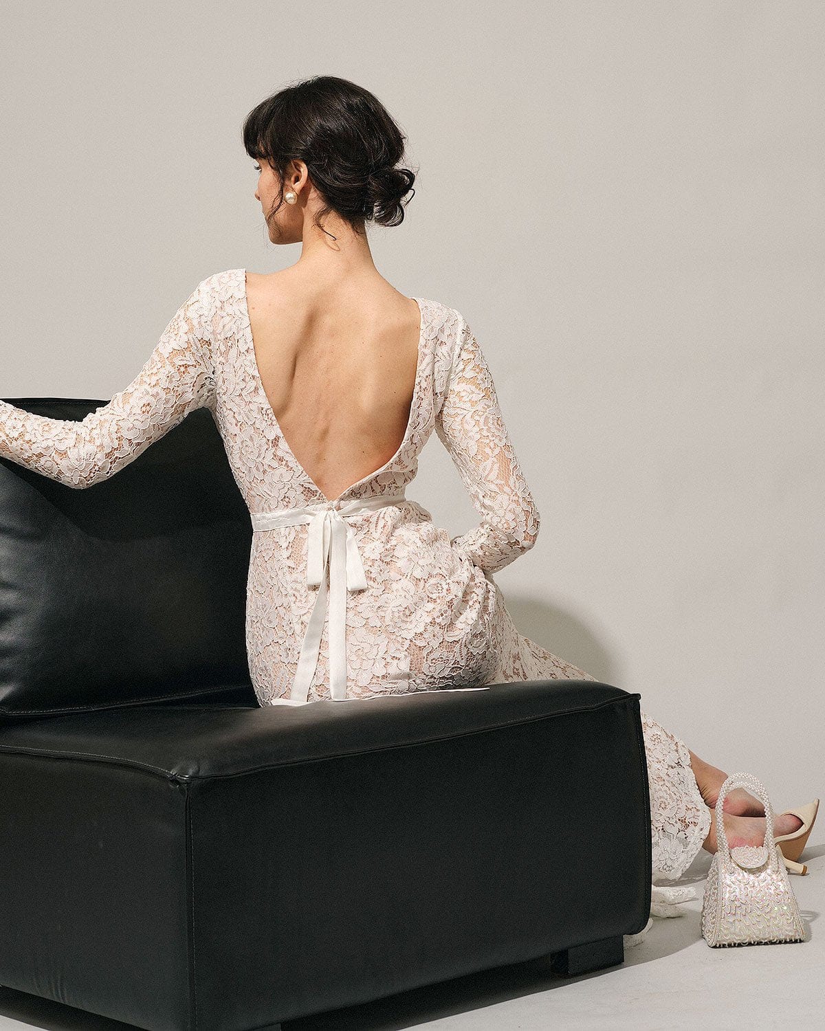 Belltoile™ Beyaz Dantel Uzun Kollu Sırtı Açık Maxi Elbise