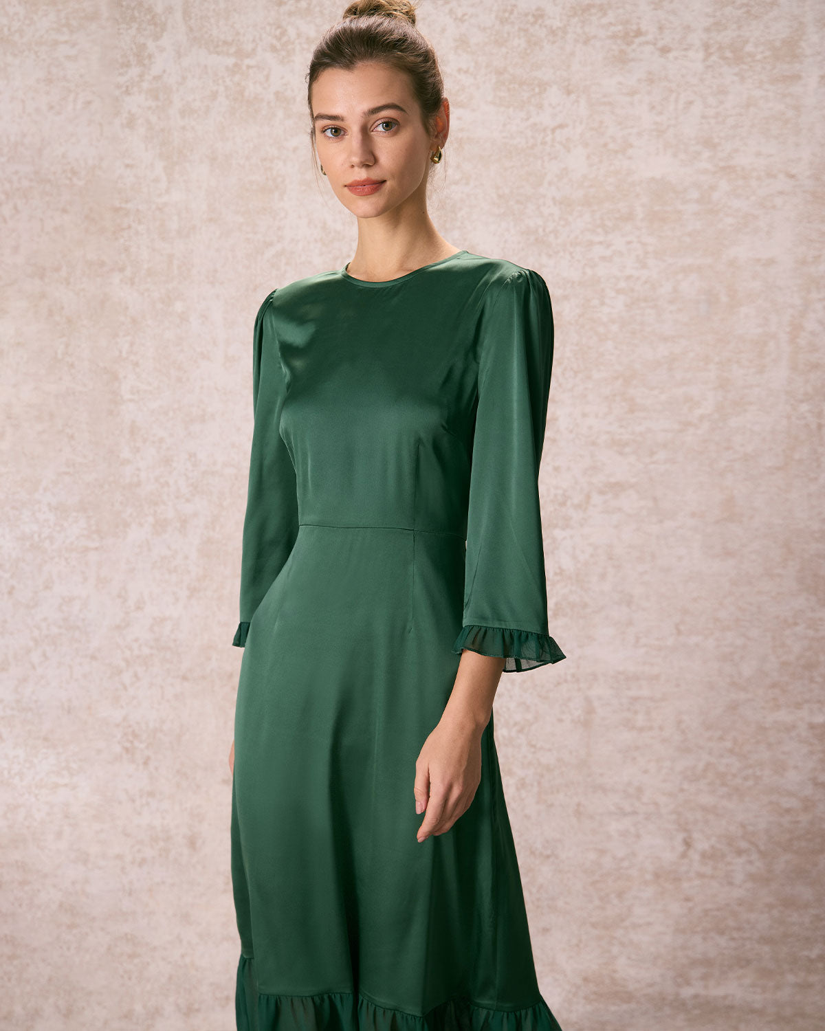 Belltoile™ Yeşil Büzgülü Fırfırlı Şair Kol Midi Elbise
