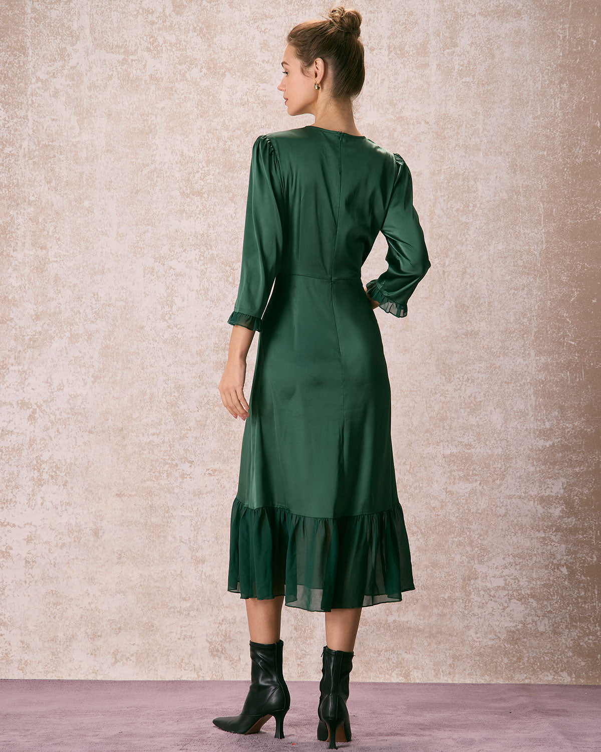 Belltoile™ Yeşil Büzgülü Fırfırlı Şair Kol Midi Elbise