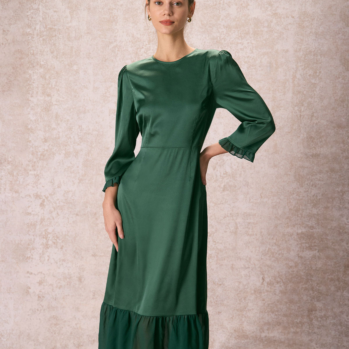 Belltoile™ Yeşil Büzgülü Fırfırlı Şair Kol Midi Elbise